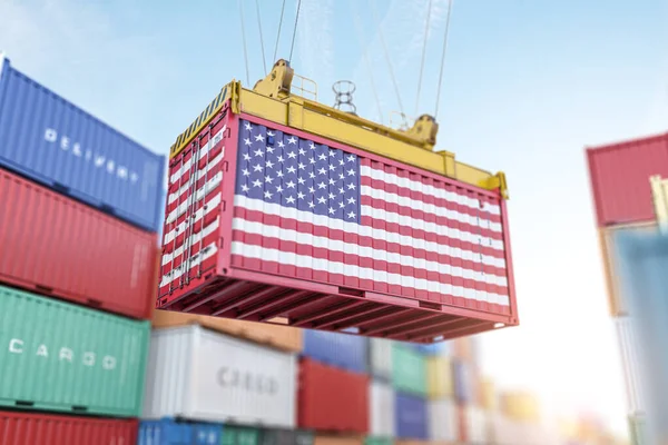 stock image Cargo shipping container with USA United States flag in a port harbor. Production, delivery, shipping and freight transportation of american products concept. 3d illustration