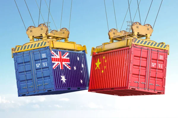 オーストラリア中国の貿易戦争 貨物輸送コンテナでフラグのオーストラリアと中国 3Dイラスト — ストック写真