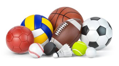 Farklı spor topları ve ekipmanlar. Futbol, ffotball, basketbol, hentbol ve voleybol topları, hokey diski ve badminton topu beyaza izole edilmiş. 3d illüstrasyon