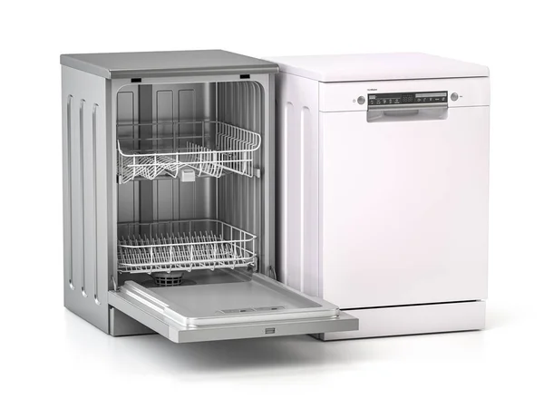 食器洗い機を開いて 白い背景に隔離された閉じます 3Dイラスト — ストック写真