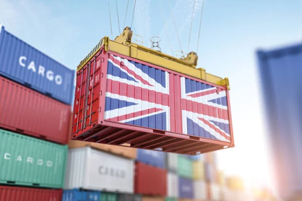 港で英国の国旗と貨物輸送コンテナ 英国製品のコンセプトの生産 配送および貨物輸送 3Dイラスト — ストック写真