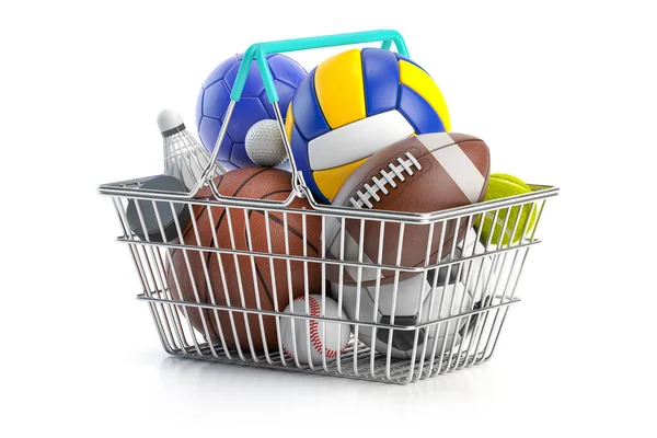Cesta Compras Com Diferentes Bolas Esportivas Compra Deslizamento Commerce Acessos — Fotografia de Stock
