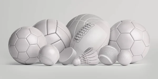 White sport balls and equipment. Soccer, ffotball, basketball, handball rugby and volleyball balls, hockey puck and badminton shuttlecock isolated on white. 3d illustration