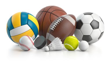 Farklı spor topları ve ekipmanlar. Futbol, ffotball, basketbol, hentbol ve voleybol topları, hokey diski ve badminton topu beyaza izole edilmiş. 3d illüstrasyon