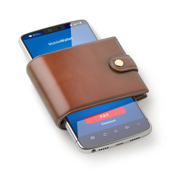 Mobile wallet concept. Smartphone  for payment in lether purse. 3d illustration