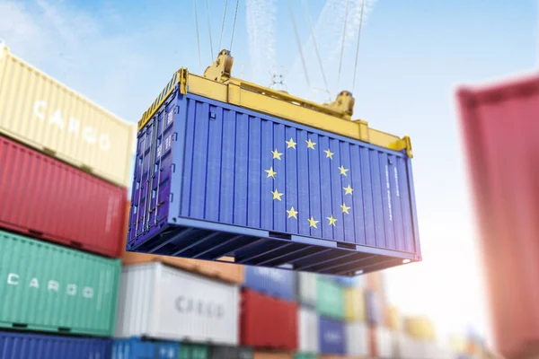 港口内悬挂欧盟旗帜的货运集装箱 欧盟产品的生产 运输和货运概念 3D说明 — 图库照片
