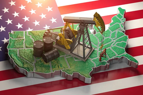 Ölpumpe Und Ölfässer Auf Der Karte Usa Usa Rohölindustriekonzept Illustration — Stockfoto