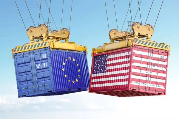 Europese Unie Voeren Een Handelsoorlog Vrachtschepen Met Vlaggen Van Verenigde — Stockfoto