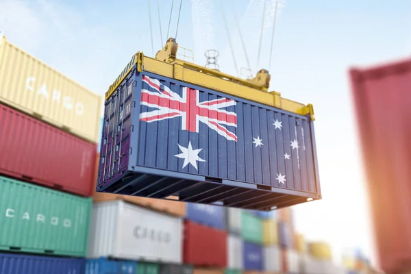 Kontener Ładunkowy Flagą Australijską Porcie Produkcja Dostawa Transport Morski Towarowy — Zdjęcie stockowe