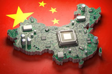 Çin yarı iletken endüstrisi, bilgisayar çipleri üretimi ve yapay zeka konsepti. CPU işlemcili ana kart Çin haritası 3d illüstrasyon