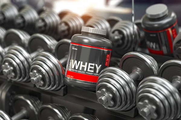 Whey Protein Powder Row Dumbbells Gym Sports Bodybuilding Supplements Nutrition — Stock Photo, Image