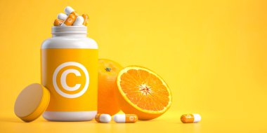 C vitamini kapsüllü bir şişe ve sarı arka planda turuncu. 3d illüstrasyon