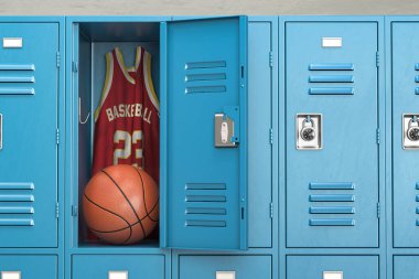 Basketbol topunda spot ışıkları ve açık dolapta forma olan basketbol soyunma odası. 3d illüstrasyon