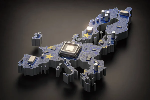 欧盟半导体工业 计算机芯片制造和人工智能技术 主板与Cpu处理器以欧洲联盟地图的形式 3D说明 — 图库照片