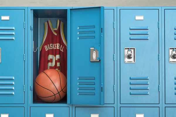 オープンロッカーでバスケットボールボールとジャージにスポットライトを当てたバスケットボールロッカールーム 3Dイラスト — ストック写真