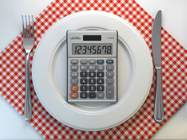 プレート内の計算機 レストラン 家族の予算や食費の概念で昼食の価格の計算 3Dイラスト — ストック写真