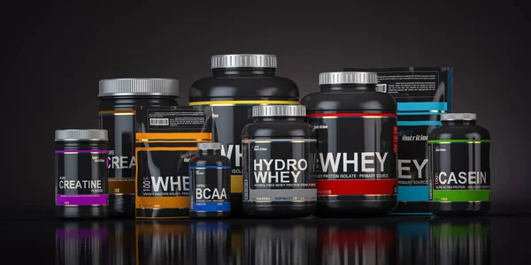 Sports nutrition supplements for bodybuilding. Whey protein casein, bcaa, creatine on black background. 3d illustration
