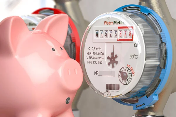 Wasserzähler Mit Sparschwein Wasserverbrauch Nebenkosten Und Bezahlung Für Das Wasserkonzept — Stockfoto