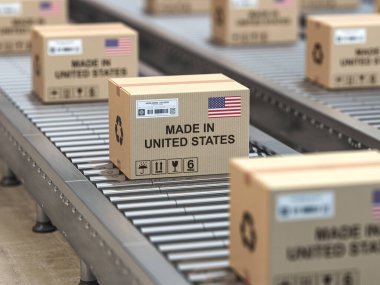 Amerikan malı. Birleşik Devletler ve ABD bayrağında Roller Conveyor 'da bulunan karton kutular. 3d illüstrasyon