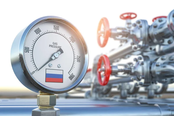 Gasdotto Con Indicatore Con Bandiera Russia Pressione Zero Crisi Energetica — Foto Stock