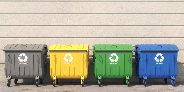 Odpadkové Kontejnery Odděleným Odpadem Ulici Popelnice Plast Sklo Papír Organické — Stock fotografie