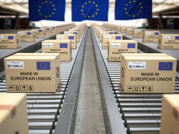 Vyrobeno Evropské Unii Lepenkové Krabice Textem Vyrobeným Evropské Unii Vlajkou — Stock fotografie