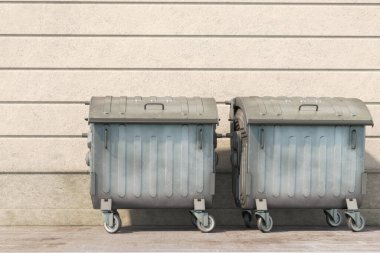 Metal çöp konteyneri ya da beyaz tenekeye atılmış çöp tenekesi. 3d illüstrasyon