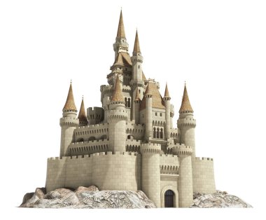 Eski fairytale kale üzerinde beyaz izole tepe üzerinde. 3D çizim