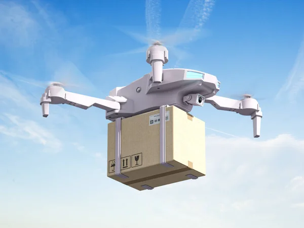 Drone Consegna Volante Con Scatola Cartone Concetto Consegna Espresso Illustrazione — Foto Stock