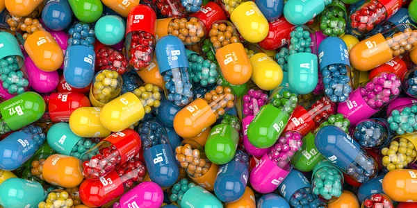 Grămadă Diferite Capsule Vitamine Suplimente Alimentare Nutriționale Pentru Alimentație Sănătoasă — Fotografie, imagine de stoc
