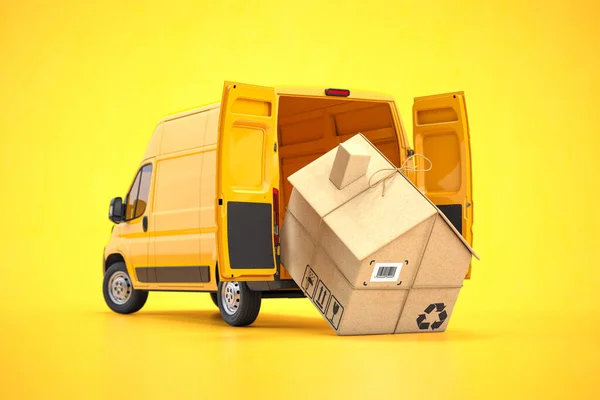 移動する家の概念 黄色の背景に家の配達バンと段ボール箱Nフォーム 3Dイラスト — ストック写真