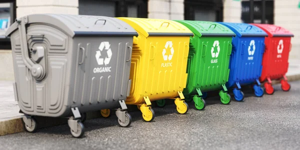 Sokakta Ayrı Çöp Konteynırları Var Plastik Cam Kağıt Organik Çöp — Stok fotoğraf