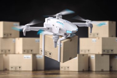 Drone veya quadcopter ve karton kutu, paketlerle dolu bir depoda. Ekspres teslimat ve lojistik konsepti. 3d illüstrasyon