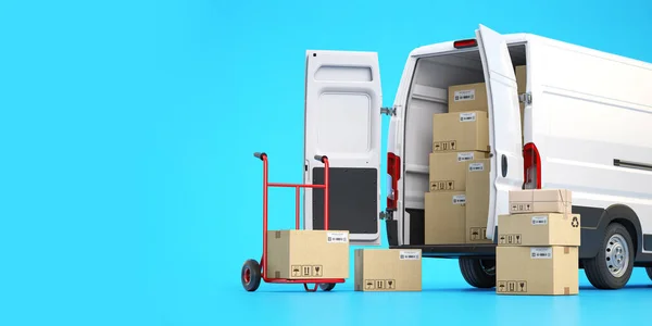 Fast Espress Delivery Concept Rear View Delivery Van Cardboard Boxes — Stock Photo, Image