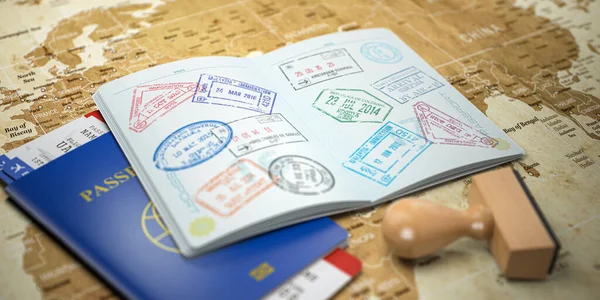 Öppnat Pass Med Visumstämplar Med Flygbiljetter Ombord Världskartan Resor Eller — Stockfoto