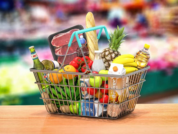 Shopping basket with fresh food in a grocery supermarket. Food and eats online buying and delivery concept. 3d illustration