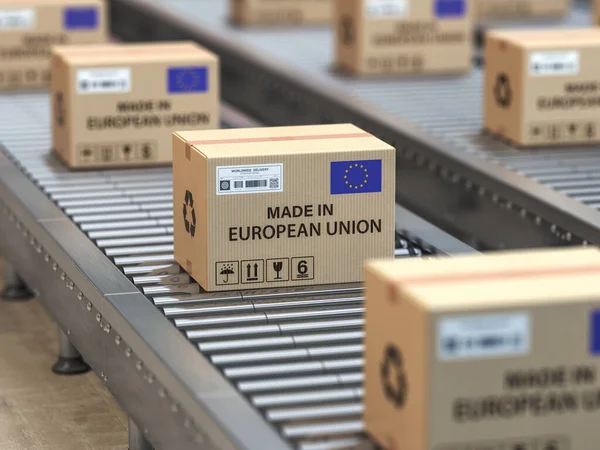 Készült Európai Unióban Kartondoboz Amelyen Európai Unió Zászlaja Szerepel Görgős — Stock Fotó