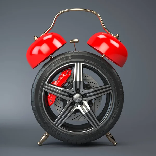 Time to change car tires or wheels. Car wheel  in the form of  alarm clock on grey background. 3d illustration