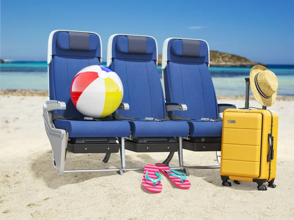 Vliegtuigstoelen Koffer Een Strand Reizen Toerisme Reis Vliegtuig Vlucht Naar — Stockfoto