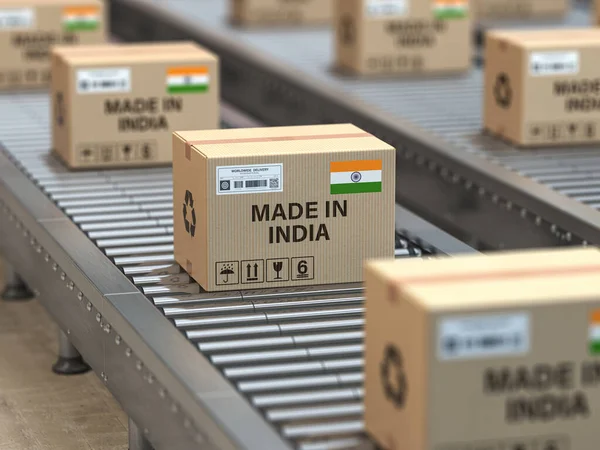 Vyrobeno Indii Lepenkové Krabice Textem Indie Indickou Vlajkou Válečkovém Dopravníku — Stock fotografie