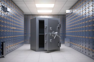 Bir bankanın kasa dairesinde kasa dairesi. Tasarruf konseptinin güvenliği. 3d illüstrasyon