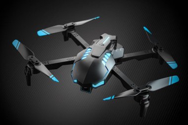 Quadcopter hava aracı siyah arka planda. 3d illüstrasyon