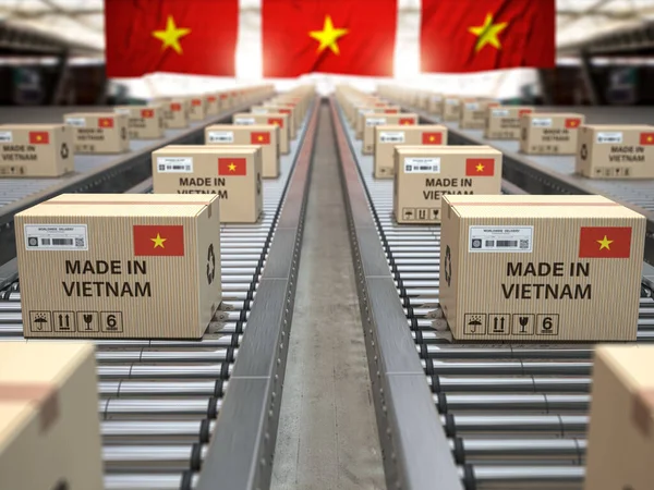 Gemaakt Vietnam Kartonnen Dozen Met Tekst Gemaakt Vietnam Vietnamese Vlag — Stockfoto