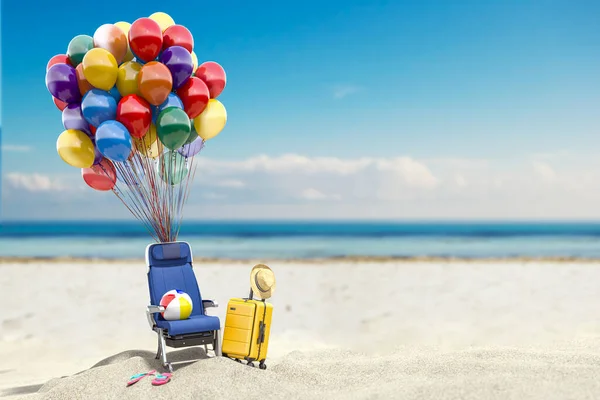 Vliegtuigstoel Met Ballonnen Koffer Het Strand Reizen Toerisme Reis Vliegtuig — Stockfoto