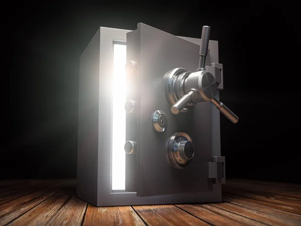 銀行の金庫だ 開いた金庫を通して輝く光の線 3Dイラスト — ストック写真