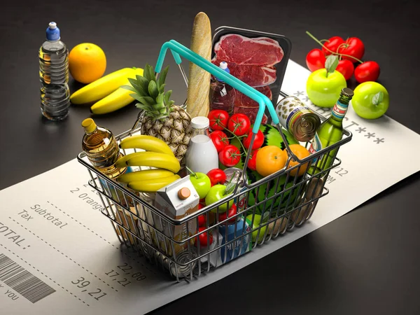 Shopping basket with foods on receipt. Grocery expenses budget, inflation and consumerism concept. 3d illustration