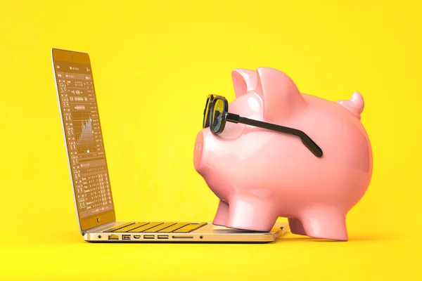 Piggy Bank Med Glasögon Bärbar Dator Med Aktiemarknadsdata Skärmen Begreppet — Stockfoto