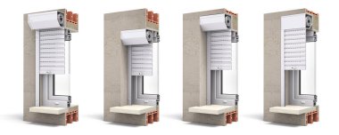 Harici paten jaluzilerinin türleri. Çeşitli kurulum seçeneklerinin çapraz kesiti pvc pencere panjurları. 3d illüstrasyon