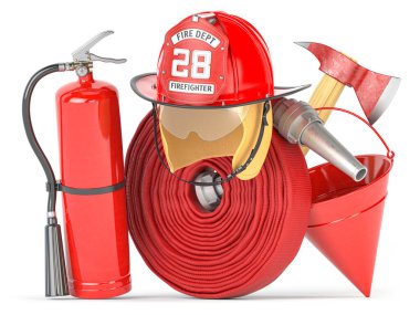 İtfaiyeci ekipmanları ve aletleri. Yangın hortumu, yangın şapkası, yangın söndürücü ve balta, itfaiyecilik mesleğinin sembolleri. 3d illüstrasyon
