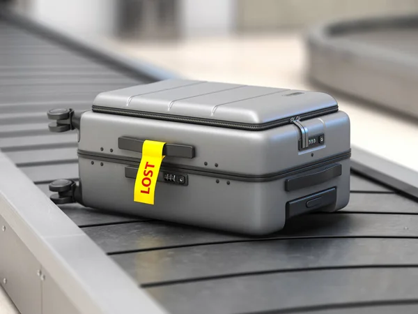 空港の手荷物コンベアまたは手荷物受取所の手荷物受取所にステッカーを紛失したスーツケース 3Dイラスト — ストック写真